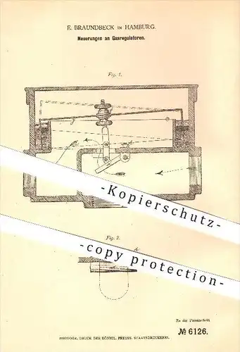 original Patent - E. Braundbeck in Hamburg , 1878 , Gasregulator , Gas , Regulator , Regulatoren , Licht , Beleuchtung