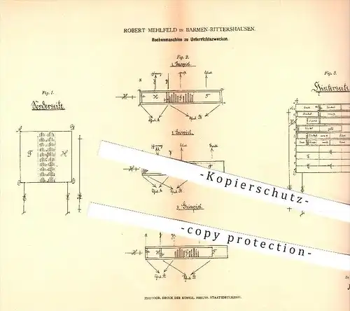 original Patent - R. Mehlfeld in Barmen - Rittershausen , 1878 , Rechenmaschine zu Unterrichtszwecken , Rechnen , Schule