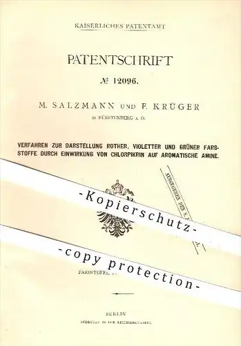 original Patent - M. Salzmann u. F. Krüger , Fürstenberg a. O. , 1880, Darstellung roter, violetter u. grüner Farbstoffe