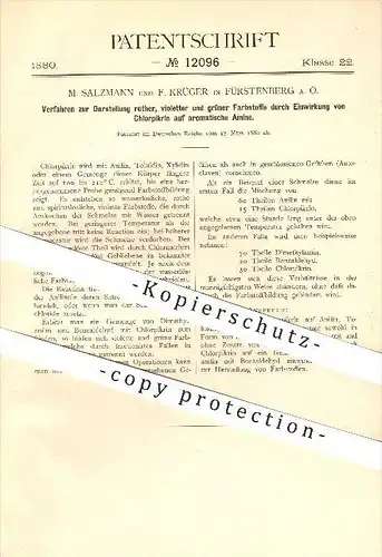 original Patent - M. Salzmann u. F. Krüger , Fürstenberg a. O. , 1880, Darstellung roter, violetter u. grüner Farbstoffe