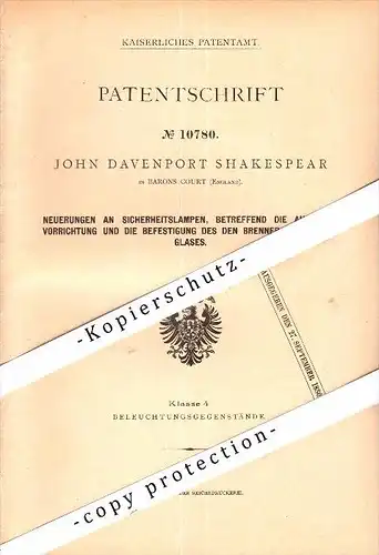 Original Patent - John Davenport Shakespear in Barons Court , 1879 , safety lights , England , London !!!