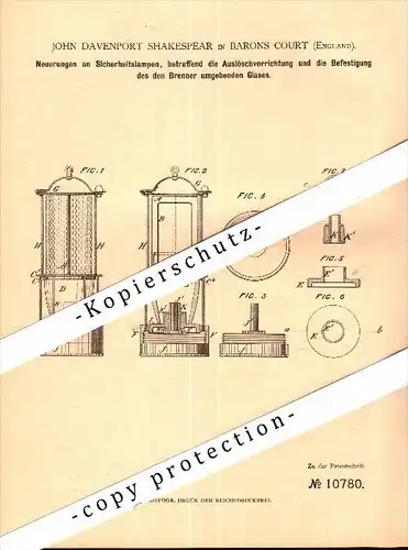 Original Patent - John Davenport Shakespear in Barons Court , 1879 , safety lights , England , London !!!