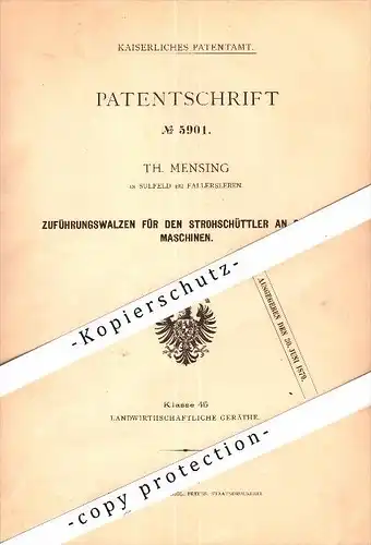 Original Patent - Th. Mensing in Fallersleben-Sülfeld b. Wolfsburg , 1878 , Strohschüttler für Dreschmaschine !!!