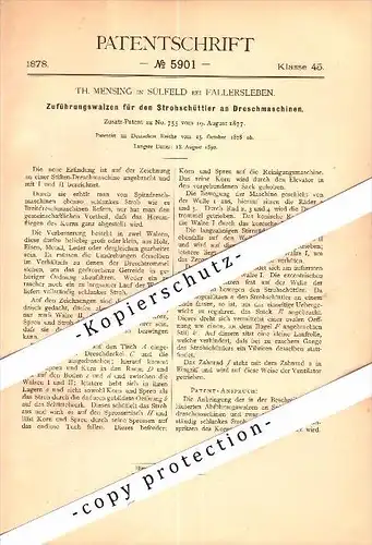 Original Patent - Th. Mensing in Fallersleben-Sülfeld b. Wolfsburg , 1878 , Strohschüttler für Dreschmaschine !!!