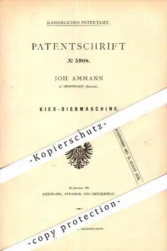 Original Patent - Joh. Ammann in Memmingen , Bayern , 1878 , Kies-Siebmaschine !!!