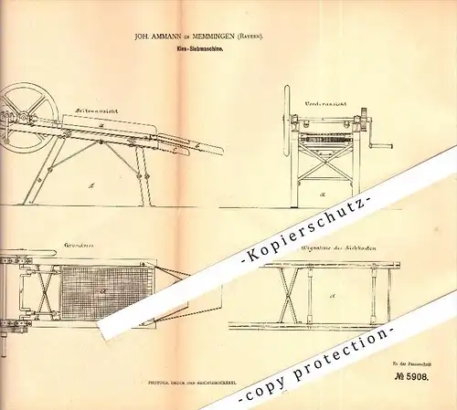 Original Patent - Joh. Ammann in Memmingen , Bayern , 1878 , Kies-Siebmaschine !!!