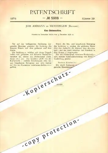 Original Patent - Joh. Ammann in Memmingen , Bayern , 1878 , Kies-Siebmaschine !!!