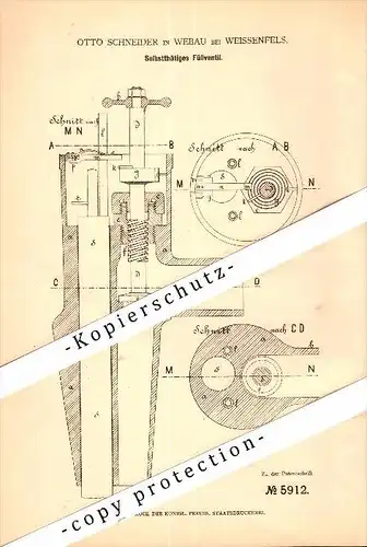 Original Patent - Otto Schneider in Webau b. Hohenmölsen , 1878 , selbsttätiges Füllventil , Weißenfels !!!