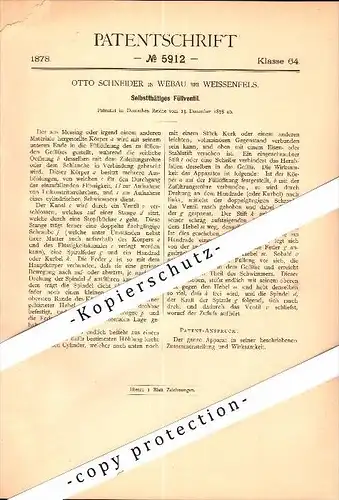 Original Patent - Otto Schneider in Webau b. Hohenmölsen , 1878 , selbsttätiges Füllventil , Weißenfels !!!