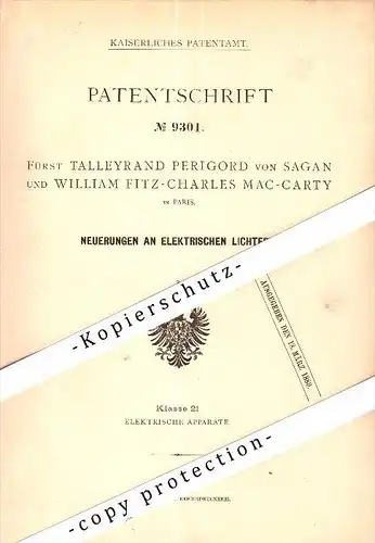 Original Patent - Fürst Talleyrand Perigord von Sagan und W. Fitz-Charles Mac-Carty in Paris , 1879 , Glühlampe !!!