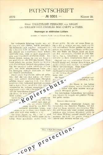 Original Patent - Fürst Talleyrand Perigord von Sagan und W. Fitz-Charles Mac-Carty in Paris , 1879 , Glühlampe !!!