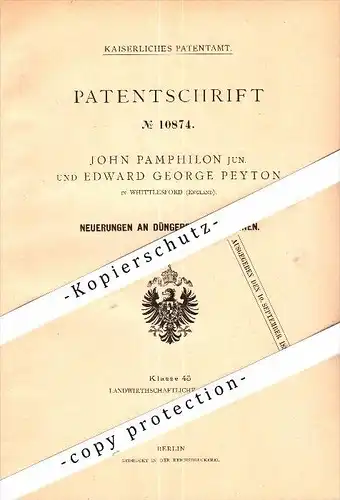 Original Patent - John Pamphilon and E.G. Peyton in Whittlesford , 1879 , Fertiliser spreader , agricultural !!!