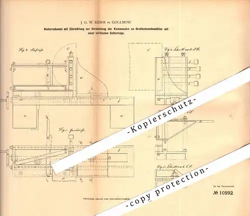 Original Patent - J.G. Kemm in Gollnow i. Pommern / Goleniów&#8203; , 1880 , Apparat für Gattersäge , Sägewerk , Tischle