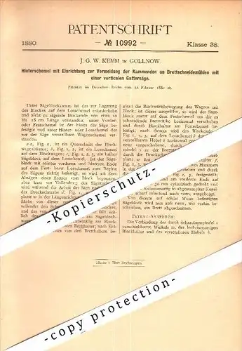 Original Patent - J.G. Kemm in Gollnow i. Pommern / Goleniów&#8203; , 1880 , Apparat für Gattersäge , Sägewerk , Tischle