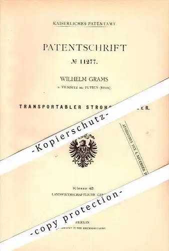 Original Patent - Wilhelm Grams in Vilmnitz b. Putbus a. Rügen , 1880 , transportabler Strohschüttler , Mecklenburg !!!