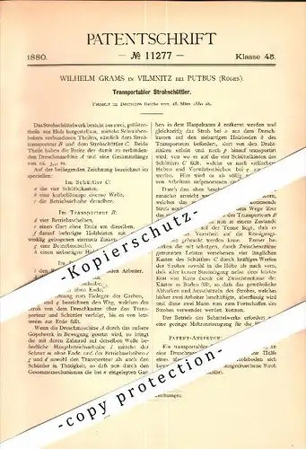 Original Patent - Wilhelm Grams in Vilmnitz b. Putbus a. Rügen , 1880 , transportabler Strohschüttler , Mecklenburg !!!