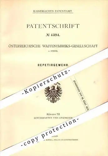Original Patent - Österreichische Waffenfabrik in Steyr , 1878 , Repetier-Gewehr !!!
