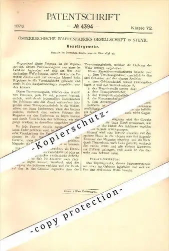 Original Patent - Österreichische Waffenfabrik in Steyr , 1878 , Repetier-Gewehr !!!