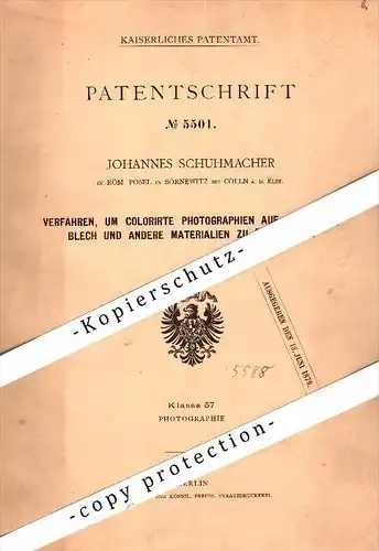 Original Patent - J. Schuhmacher in Röm. Posel in Sörnewitz b. Coswig a.d. Elbe , 1878 , colorierte Photographie , Cölln