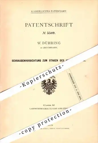 Original Patent - W. Dühring in Grevenhagen b. Steinheim , 1878 , Apparat zum Staken von Heu , Höxter , Landwirtschaft !