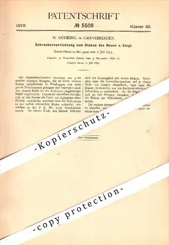 Original Patent - W. Dühring in Grevenhagen b. Steinheim , 1878 , Apparat zum Staken von Heu , Höxter , Landwirtschaft !