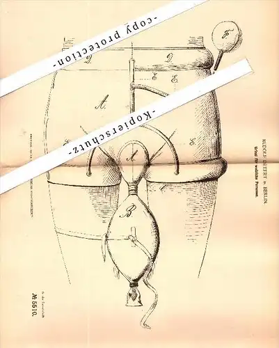 Original Patent - Urinal für Frauen , 1878 , Rudolf Détert in Berlin , Toilette , Bettnässer , Inkontinenz !!!