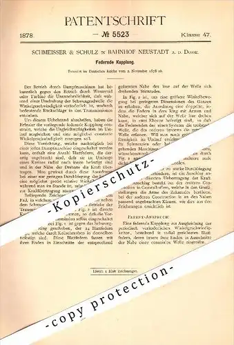 Original Patent - Schmeisser & Schulz in Bahnhof Neustadt a.d. Dosse , 1878 , federnde Kupplung , Maschinenbau !!!