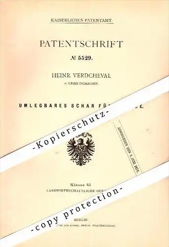 Original Patent - Heinrich Verdcheval in Grimlinghausen b. Neuss , 1878 , Schar für Pflug , Landwirtschaft , Agrar !!!