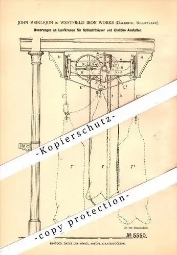 Original Patent - John Meiklejon in Westerfield Iron Works , Dalkeith , Scotland , 1878 , crane for slaughterhouse !!!