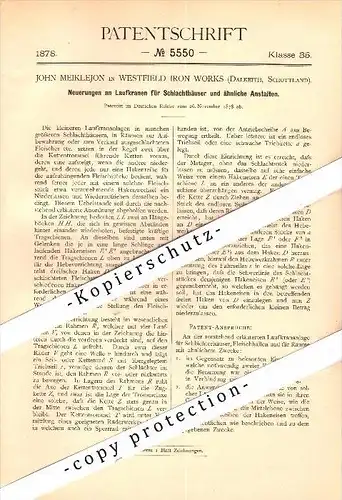 Original Patent - John Meiklejon in Westerfield Iron Works , Dalkeith , Scotland , 1878 , crane for slaughterhouse !!!