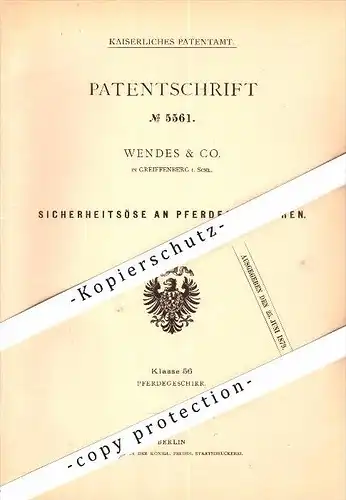 Original Patent - Wendes & Co. in Greiffenberg / Gryfów Slaski i. Schlesien , 1878 , Pferde-Geschirr !!!