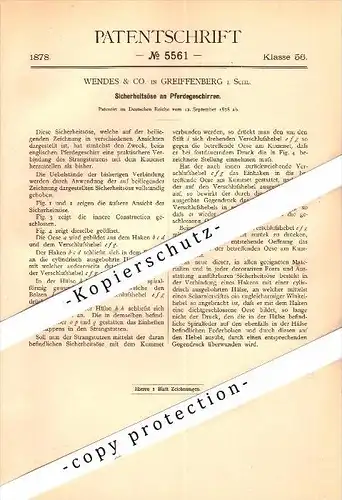 Original Patent - Wendes & Co. in Greiffenberg / Gryfów Slaski i. Schlesien , 1878 , Pferde-Geschirr !!!