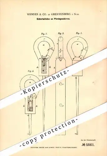 Original Patent - Wendes & Co. in Greiffenberg / Gryfów Slaski i. Schlesien , 1878 , Pferde-Geschirr !!!