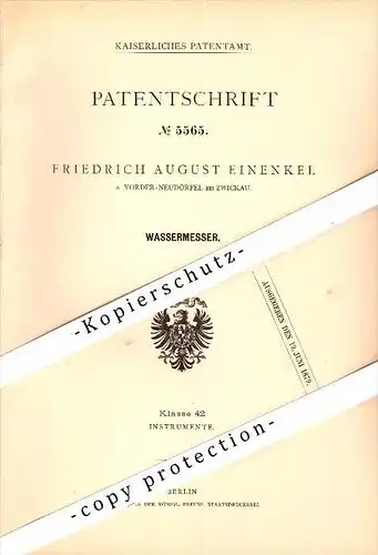Original Patent - F.A. Einenkel in Vorder-Neudörfel b. Zwickau , 1878 , Wassermesser , Wasseruhr !!!