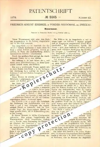 Original Patent - F.A. Einenkel in Vorder-Neudörfel b. Zwickau , 1878 , Wassermesser , Wasseruhr !!!