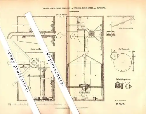 Original Patent - F.A. Einenkel in Vorder-Neudörfel b. Zwickau , 1878 , Wassermesser , Wasseruhr !!!