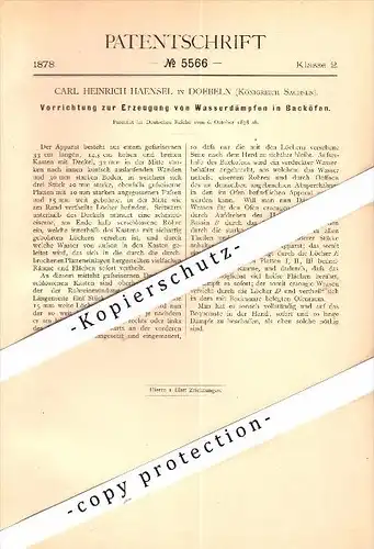 Original Patent - Carl Haensel in Doebeln / Döbeln , 1878 , Wasserdampferzeuger für Backofen , Bäckerei , Bäcker !!!