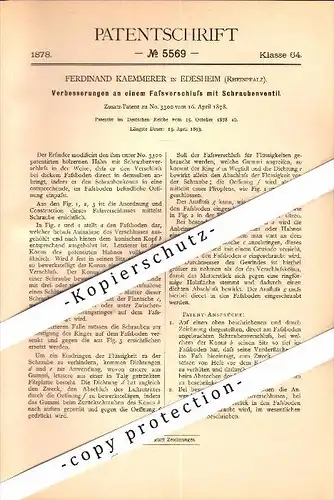 Original Patent - Ferdinand Kaemmerer in Edesheim , 1878 , Fassverschluß mit Schraubenventil , Edenkoben !!!