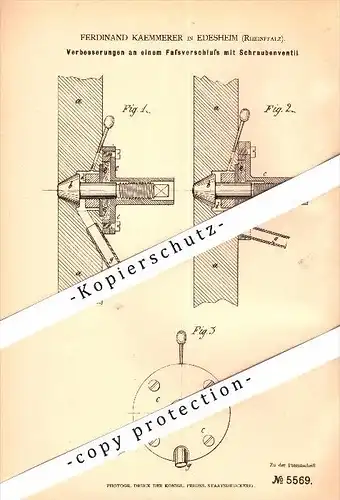 Original Patent - Ferdinand Kaemmerer in Edesheim , 1878 , Fassverschluß mit Schraubenventil , Edenkoben !!!