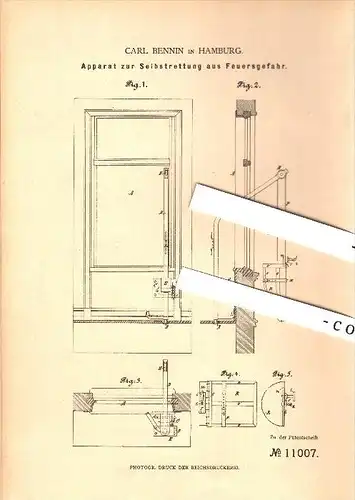 original Patent - Carl Bennin in Hamburg , 1879 , Selbstrettung bei Feuergefahr , Feuer , Feuerwehr , Rettung , Brand !!