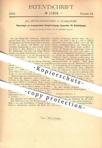 original Patent - Jul. Mittelstenscheid in Düsseldorf , 1879 , Dampfreinigung für Bierleitungen , Dampfkessel , Bier !!!