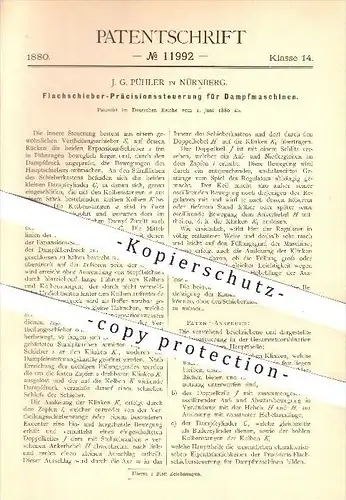 original Patent - J. G. Pühler in Nürnberg , 1880 , Steuerung für Dampfmaschinen , Schieber , Dampfzylinder , Zylinder !