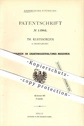 original Patent - Th. Kleinsorgen in Gelsenkirchen , 1880 , Maschine zur Grubenwasserhaltung , Pumpe , Pumpen !!!