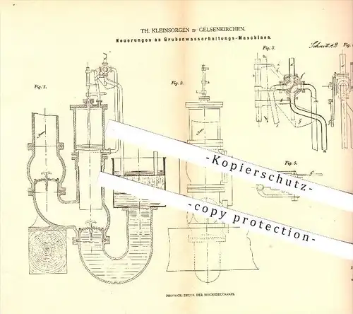 original Patent - Th. Kleinsorgen in Gelsenkirchen , 1880 , Maschine zur Grubenwasserhaltung , Pumpe , Pumpen !!!