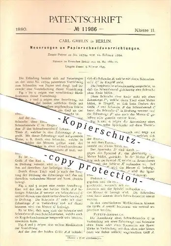 original Patent - Carl Gmelin in Berlin , 1880 , Papierschneider , Papier , Buchbinderei , Buchbinder , Schneiden !!!