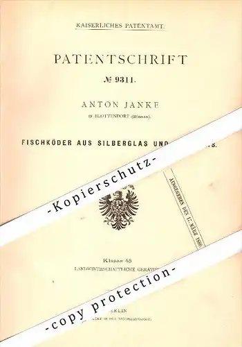 Original Patent - Anton Janke in Blottendorf / Polevsko i. Böhmen , 1879 , Goldglas - Fischköder , Angeln , Liberec !!!