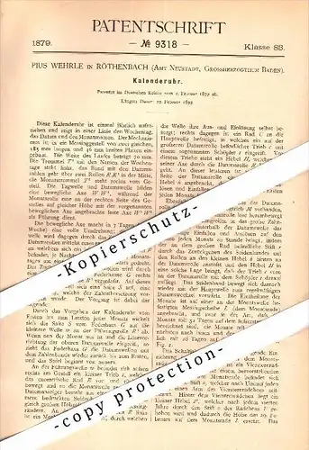 Original Patent - Pius Wehrle in Rötenbach b. Friedenweiler , 1879 , Kalenderuhr , Uhrmacher , Uhren , Titisee-Neustadt