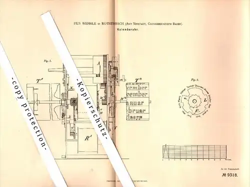 Original Patent - Pius Wehrle in Rötenbach b. Friedenweiler , 1879 , Kalenderuhr , Uhrmacher , Uhren , Titisee-Neustadt