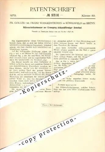 Original Patent -F. Goller und F. Wasgedstichan in Königsfeld / Královo Pole b. Brünn / Brno ,1878 Rüben-Schnitzelmesser