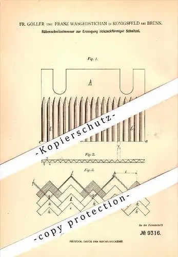 Original Patent -F. Goller und F. Wasgedstichan in Königsfeld / Královo Pole b. Brünn / Brno ,1878 Rüben-Schnitzelmesser